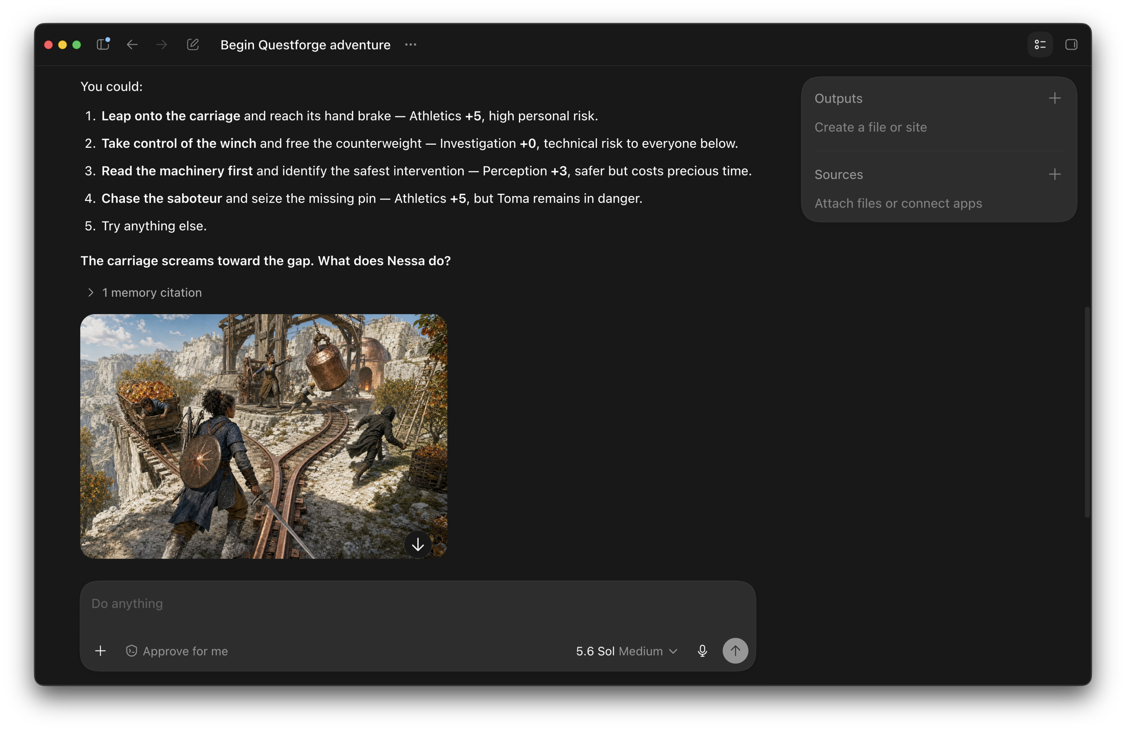Questforge in Codex presenting four rule-aware approaches plus the freedom to try anything else.