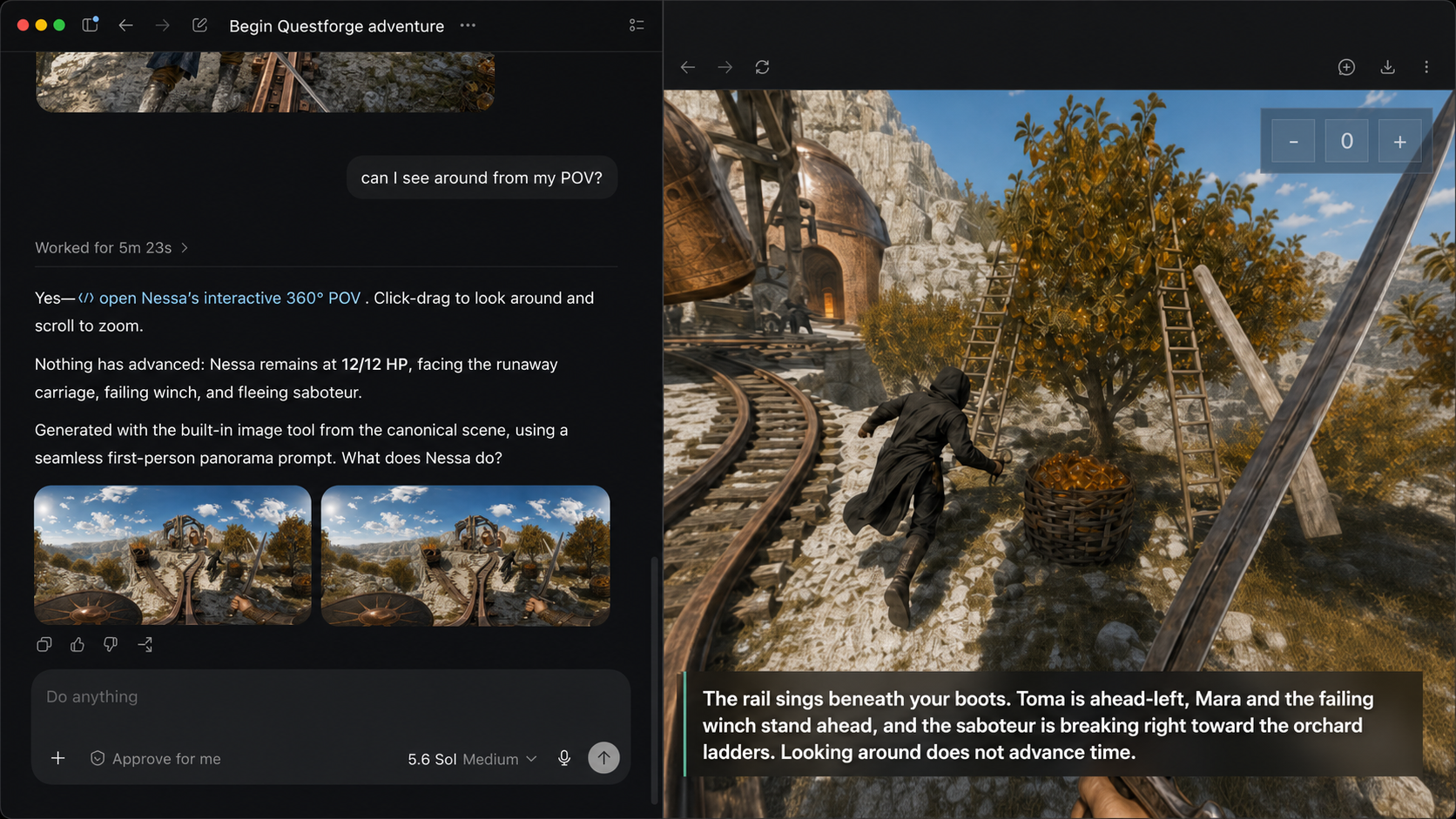 A Codex campaign conversation beside its internal browser, showing an interactive 360 degree first-person view of the same scene.