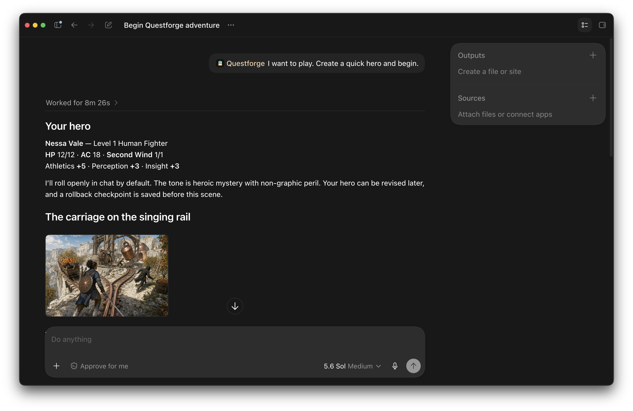 Questforge running inside Codex after a one-sentence prompt, showing a generated quick hero and opening scene.